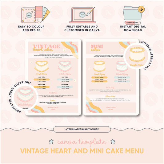 Mini Vintage Heart & Round Cake Pricing Menu - 'Modern Retro Style'